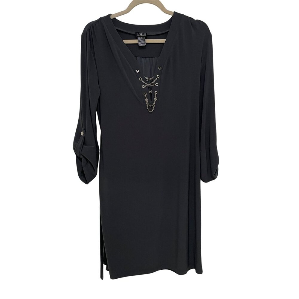 Soho Apparel Gray Tunic Dress W/ Chain Detail Roll-Up Sleeves Womens M Office